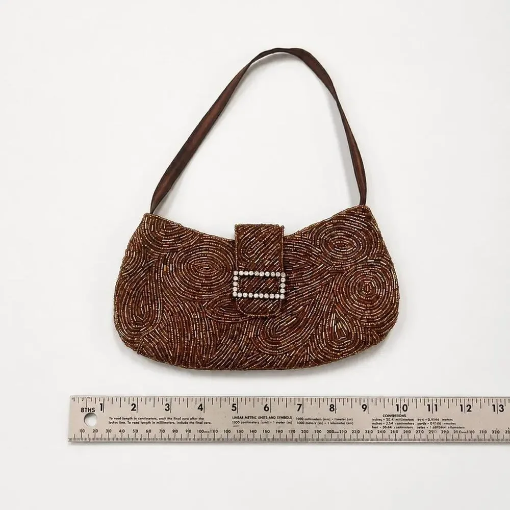 Vintage Bronze Beaded Shoulder Bag Rhinestone Buckle Y2K Evening Purse Brown